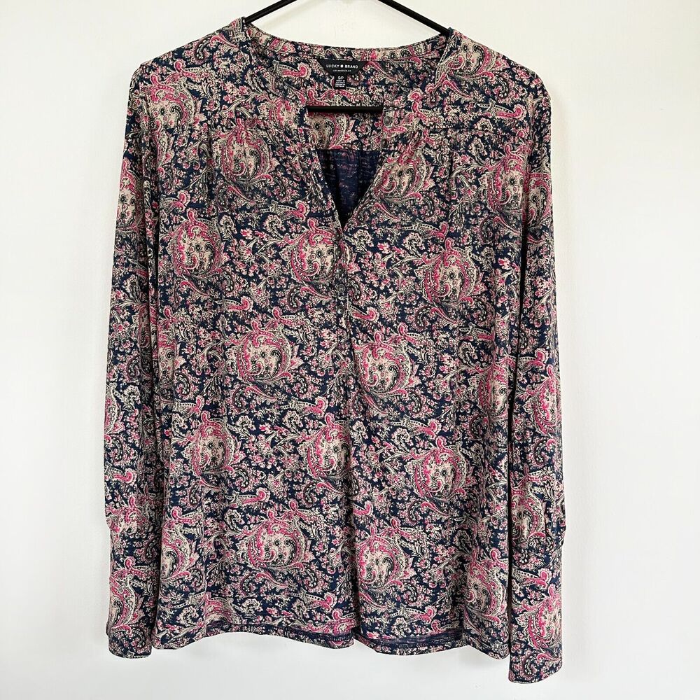 Lucky Brand Paisley Boho Peasant Blouse Womens Small Henley Button Cotton Modal